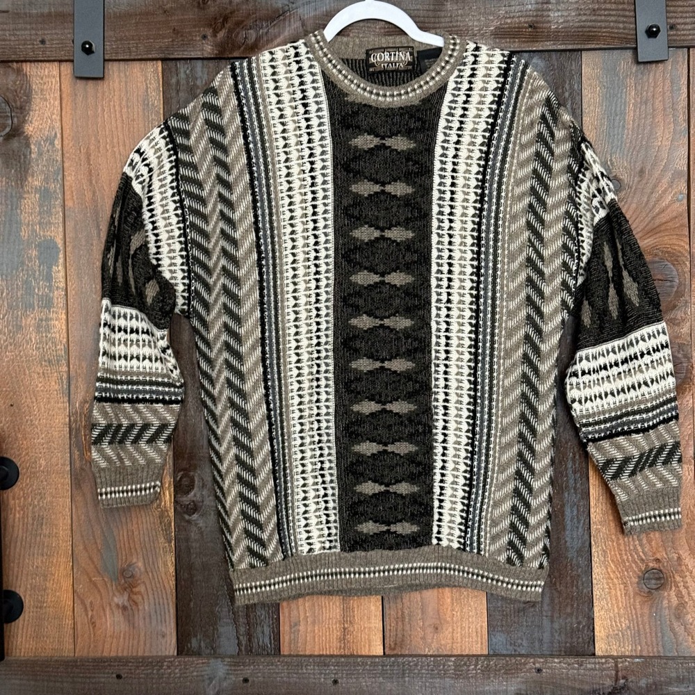 Vintage Cortina Italia Mens Wool Blend Geometric Knit Sweater Large Italy